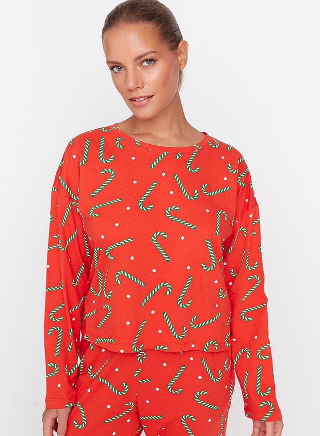 trendyol Red 100% Cotton New Year Themed Tshirt-Jogger Knitted Pajama Set THMAW21PT0771  - Image 2