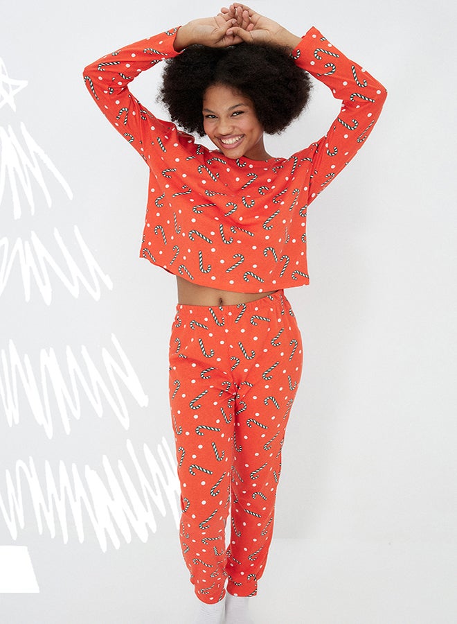 trendyol Red 100% Cotton New Year Themed Tshirt-Jogger Knitted Pajama Set THMAW21PT0771  - Image 1