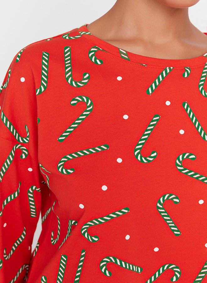 trendyol Red 100% Cotton New Year Themed Tshirt-Jogger Knitted Pajama Set THMAW21PT0771  - Image 4