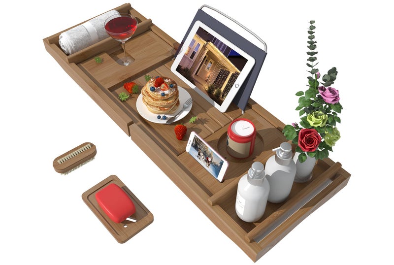Bath Caddy Tray for Bathtub  Bamboo Adjustable Organizer Tray for Bathroom with Free Soap Dish Suitable for Luxury Spa or ReadingWalnut
