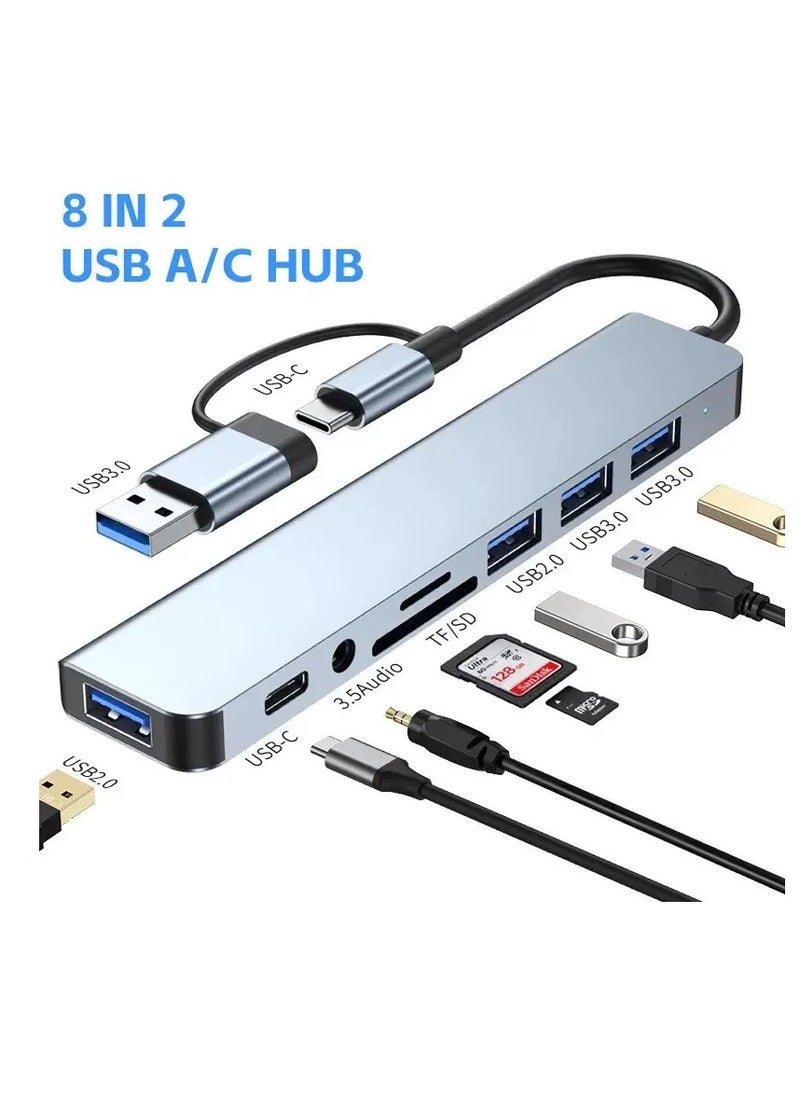 Generic USB C + USB Type A Hub 8 in1, USB C Adapter with Two USB-C Ports, USB 3.0, SD / TF Card Reader, Compatible with MacBook Pro & Air USB C Laptop and Other Type C Devices  - Image 1