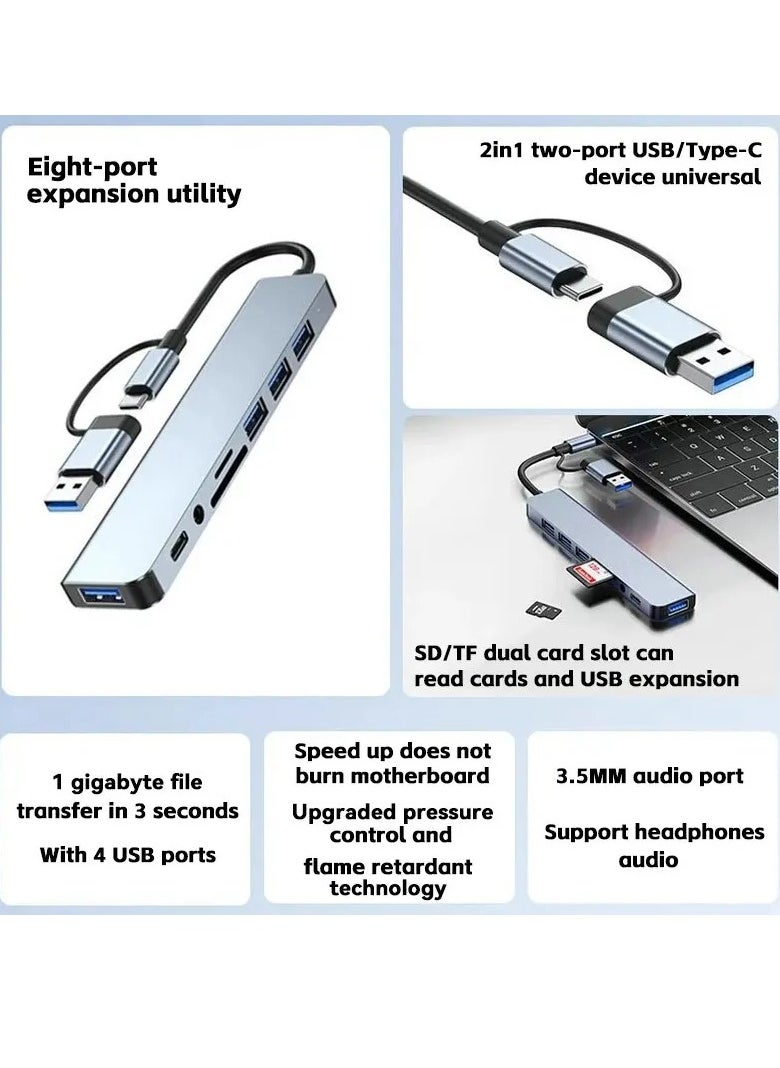 Generic - USB C + USB Type A Hub 8 in1, USB C Adapter with Two USB-C Ports, USB 3.0, SD / TF Card Reader, Compatible with MacBook Pro & Air USB C Laptop and Other Type C Devices - Image 1