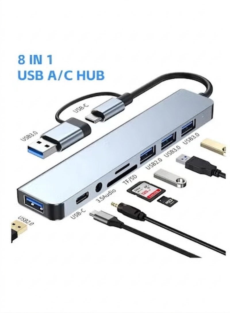 موزع من النوع سي 8 في 1 USB منفذين و USB 3.0  وقارئ بطاقات SD وTF  متوافق مع ماك بوك برو واير واللابتوب وغيرها من الاجهزة من النوع سي - Image 1