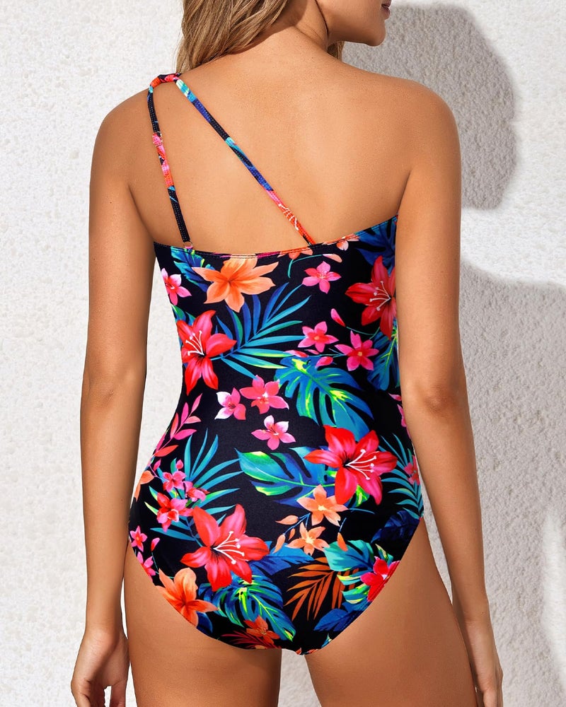 Holipick One Shoulder One Piece Swimsuit for Women Tummy Control Bathing Suits Modest Full Coverage Keyhole Swimwear Red Floral - Image 3