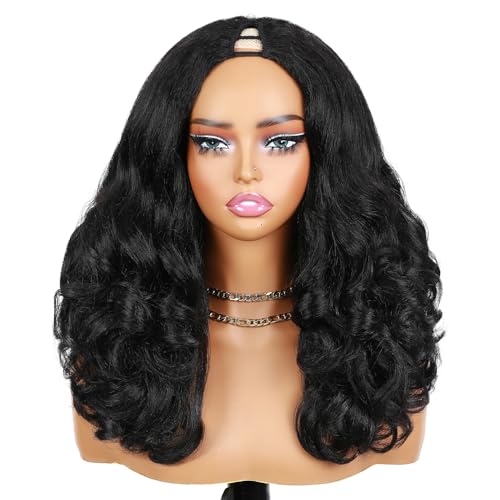 Quantum Love V Part Yaki Curly Wigs for Black Women Afro Curly V Part Synthetic Wig 16Inch Natural Black No Leave Out Clip in Half Wig - Image 3