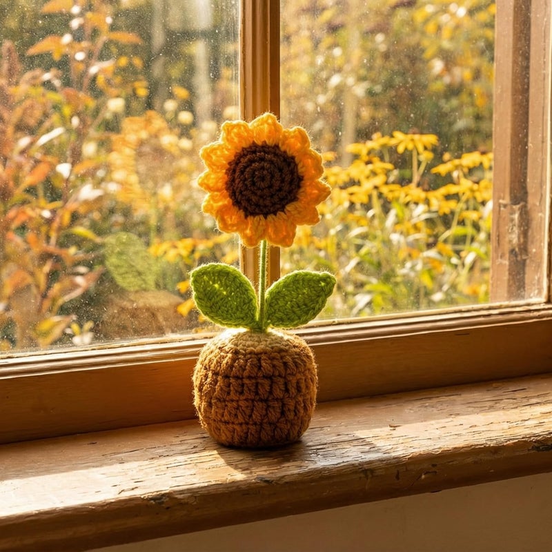 Dekorly Handmade Crochet Sunflower Plant with Pot Artificial Flower Decor for Home Office Desk Table Shelf Gifting-6 Inches(Crochet Sunflower – Natural Crochet Pot) - Image 2
