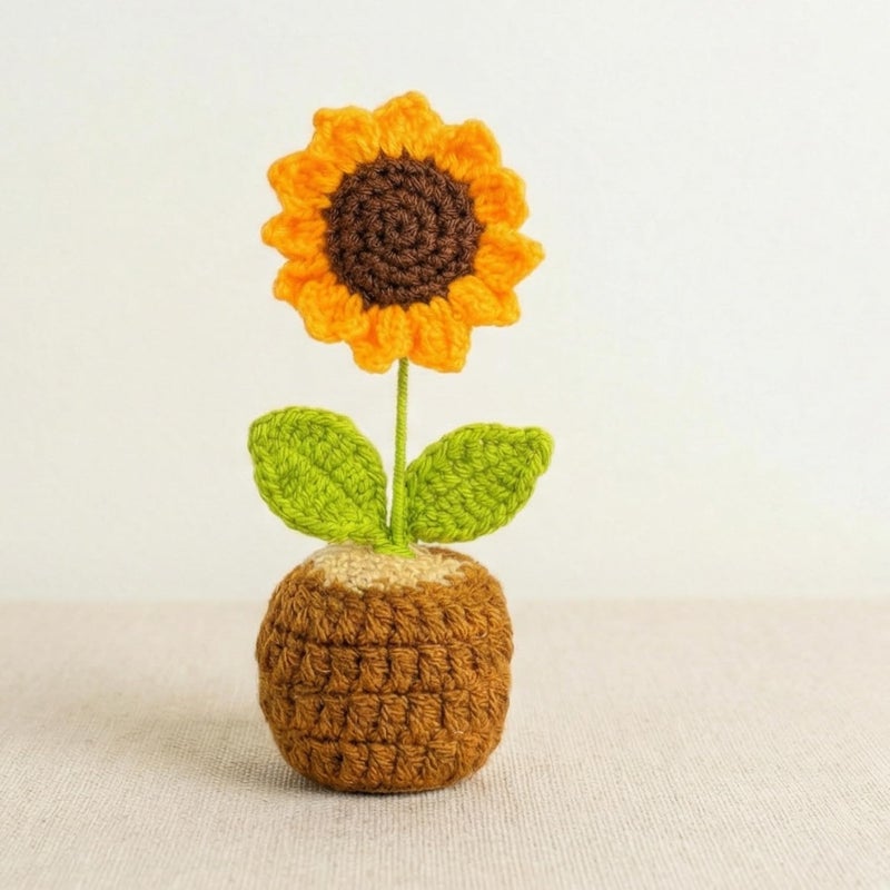 Dekorly Handmade Crochet Sunflower Plant with Pot Artificial Flower Decor for Home Office Desk Table Shelf Gifting-6 Inches(Crochet Sunflower – Natural Crochet Pot) - Image 1