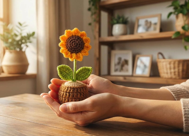 Dekorly Handmade Crochet Sunflower Plant with Pot Artificial Flower Decor for Home Office Desk Table Shelf Gifting-6 Inches(Crochet Sunflower – Natural Crochet Pot) - Image 4