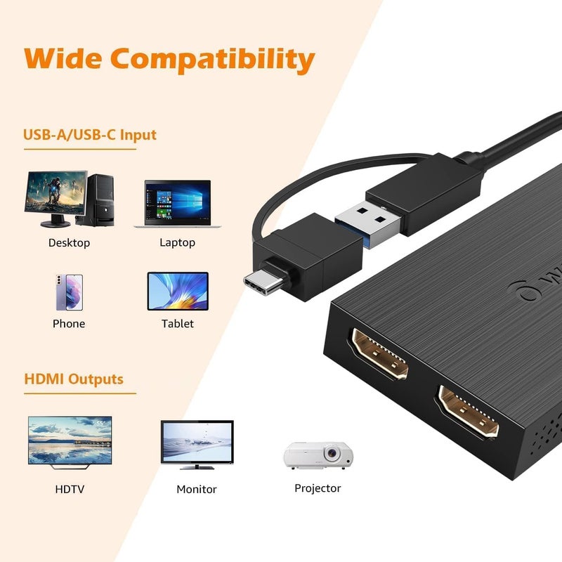 WAVLINK HDMI Splitter Extended Display for Dual Monitor, USB A or USB-C to Dual HDMI Adapter, Multi-Monitor Display 3 Separate Screens for Windows and macOS,4K30Hz,1080p@60Hz - Image 5