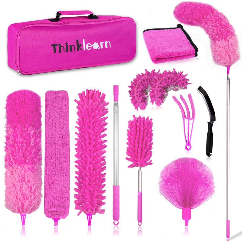 ThinkLearn Microfiber Dusters for Cleaning,14PCS Feather Dusters with Extension Pole,Bendable Washable and Extendable Duster for High Ceilings, Fans and Blinds House Cleaning Kit Pink Gift for Women - Image 1
