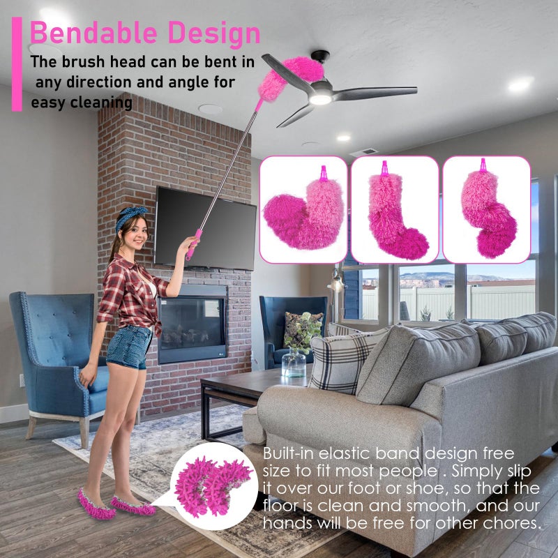 ThinkLearn Microfiber Dusters for Cleaning,14PCS Feather Dusters with Extension Pole,Bendable Washable and Extendable Duster for High Ceilings, Fans and Blinds House Cleaning Kit Pink Gift for Women - Image 4
