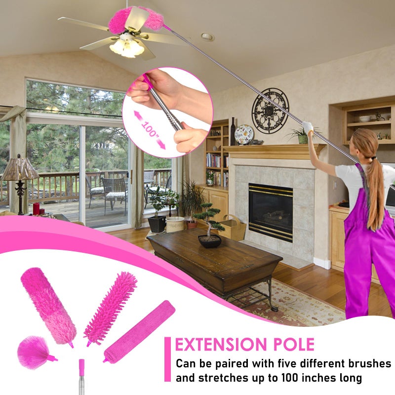 ThinkLearn Microfiber Dusters for Cleaning,14PCS Feather Dusters with Extension Pole,Bendable Washable and Extendable Duster for High Ceilings, Fans and Blinds House Cleaning Kit Pink Gift for Women - Image 3