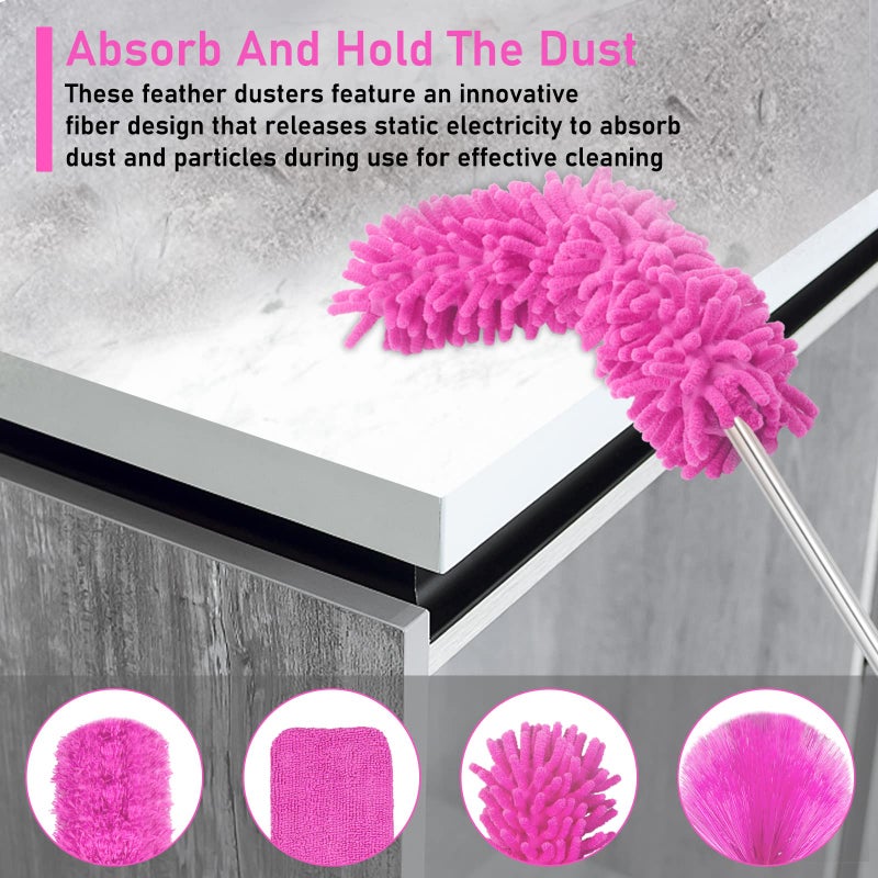 ThinkLearn Microfiber Dusters for Cleaning,14PCS Feather Dusters with Extension Pole,Bendable Washable and Extendable Duster for High Ceilings, Fans and Blinds House Cleaning Kit Pink Gift for Women - Image 5
