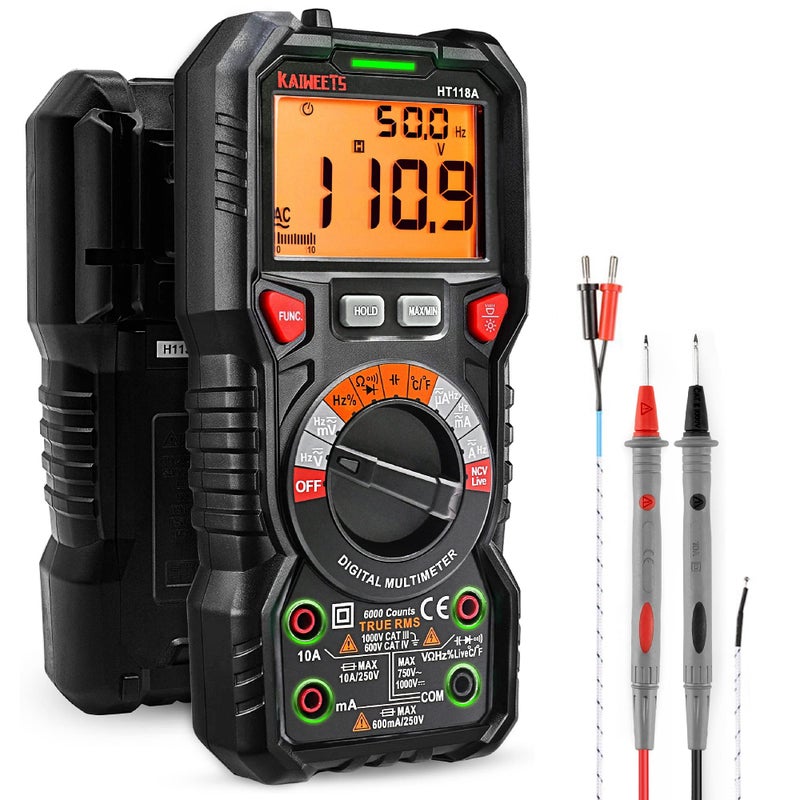 KAIWEETS HT118A Digital Multimeter Professional, T-RMS Autoranging Multitester 6000 Counts Measures AC/DC Current, Voltage, Continuity, Capacitance, NCV, Resistance, Duty, Diodes, Live, LED Jacks - Image 1