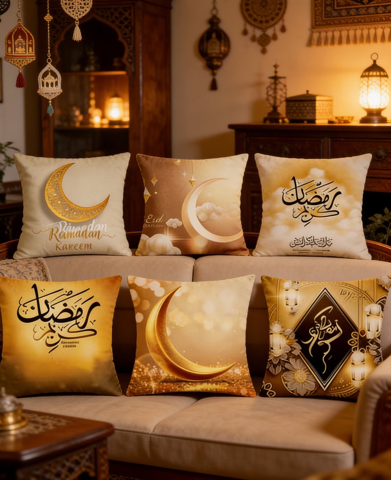 يواوليتي أغطية وسائد رمضان، 6 قطع أغطية وسائد رمضان، أغطية وسائد بنقوش فوانيس رمضان لتزيين المنزل (45*45 سم) - Image 1