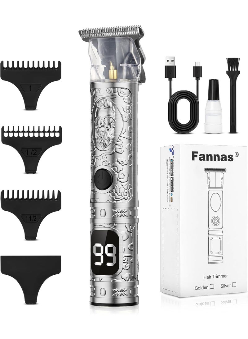 Fannas Hair Clippers for Men, Professional Hair Trimmer Barber Cordless Zero Gapped Hair Clippers with LCD Display, Mens Gifts Beard Trimmer T Liners Shavers Edgers Clipper for Hair Cutting - Silver - Image 1