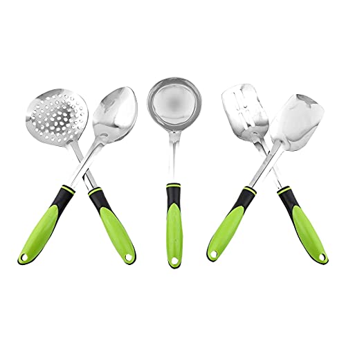 Denique Stainless Steel Cooking Utensil Set Serving Spoons with Plastics Handle Set of 5 Kitchen Tool (Contains: Slotted Turner, Ladle, Skimmer, Serving Big Spoon, Flex Turner) Color(Green) - Image 3