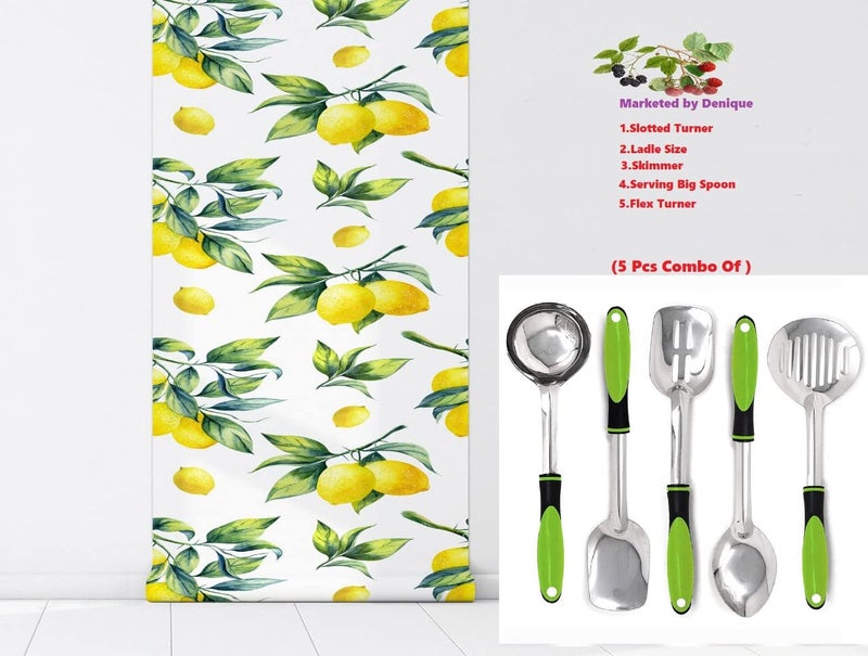 Denique Stainless Steel Cooking Utensil Set Serving Spoons with Plastics Handle Set of 5 Kitchen Tool (Contains: Slotted Turner, Ladle, Skimmer, Serving Big Spoon, Flex Turner) Color(Green) - Image 4
