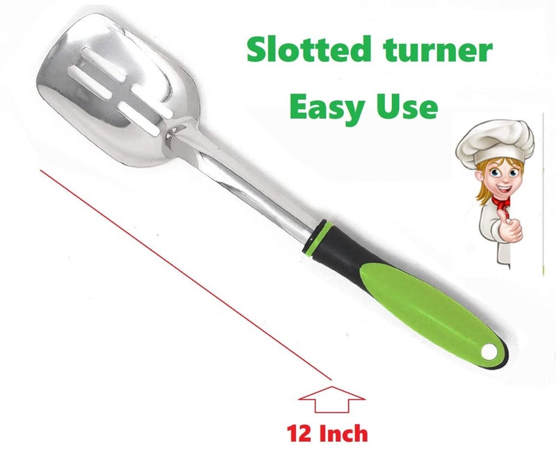 Denique Stainless Steel Cooking Utensil Set Serving Spoons with Plastics Handle Set of 5 Kitchen Tool (Contains: Slotted Turner, Ladle, Skimmer, Serving Big Spoon, Flex Turner) Color(Green) - Image 5