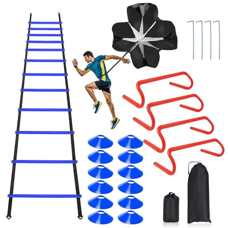 Speed Agility Ladder Training Equipment Set includes 12 Rung 20ft Agility Ladder 4 Agility Hurdles12 Disc Cones 1 Resistance Parachute for Training Football Soccer Basketball AthletesBlue