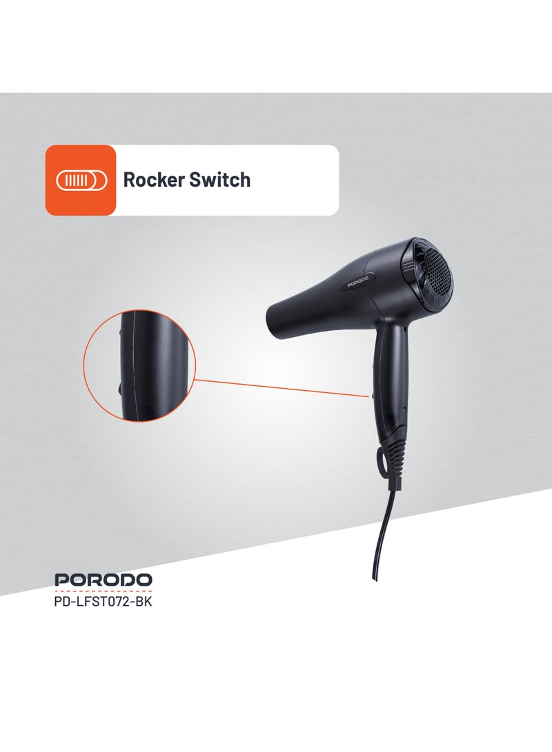 porodo 1200W Hair Dryer / Negative Ion / No Freeze Hair Dryer / Overheat Protection / Powerful Airflow /Hot & Cool/ Even Heat Distribution - Black - Image 4