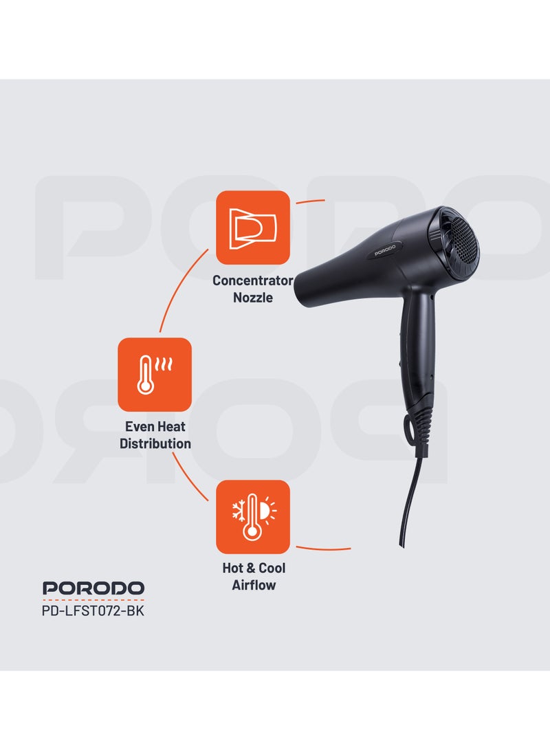 porodo 1200W Hair Dryer / Negative Ion / No Freeze Hair Dryer / Overheat Protection / Powerful Airflow /Hot & Cool/ Even Heat Distribution - Black - Image 2