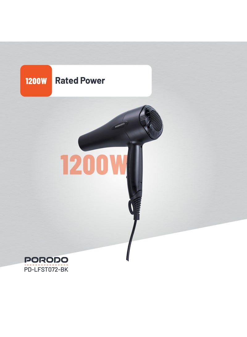 porodo 1200W Hair Dryer / Negative Ion / No Freeze Hair Dryer / Overheat Protection / Powerful Airflow /Hot & Cool/ Even Heat Distribution - Black - Image 5
