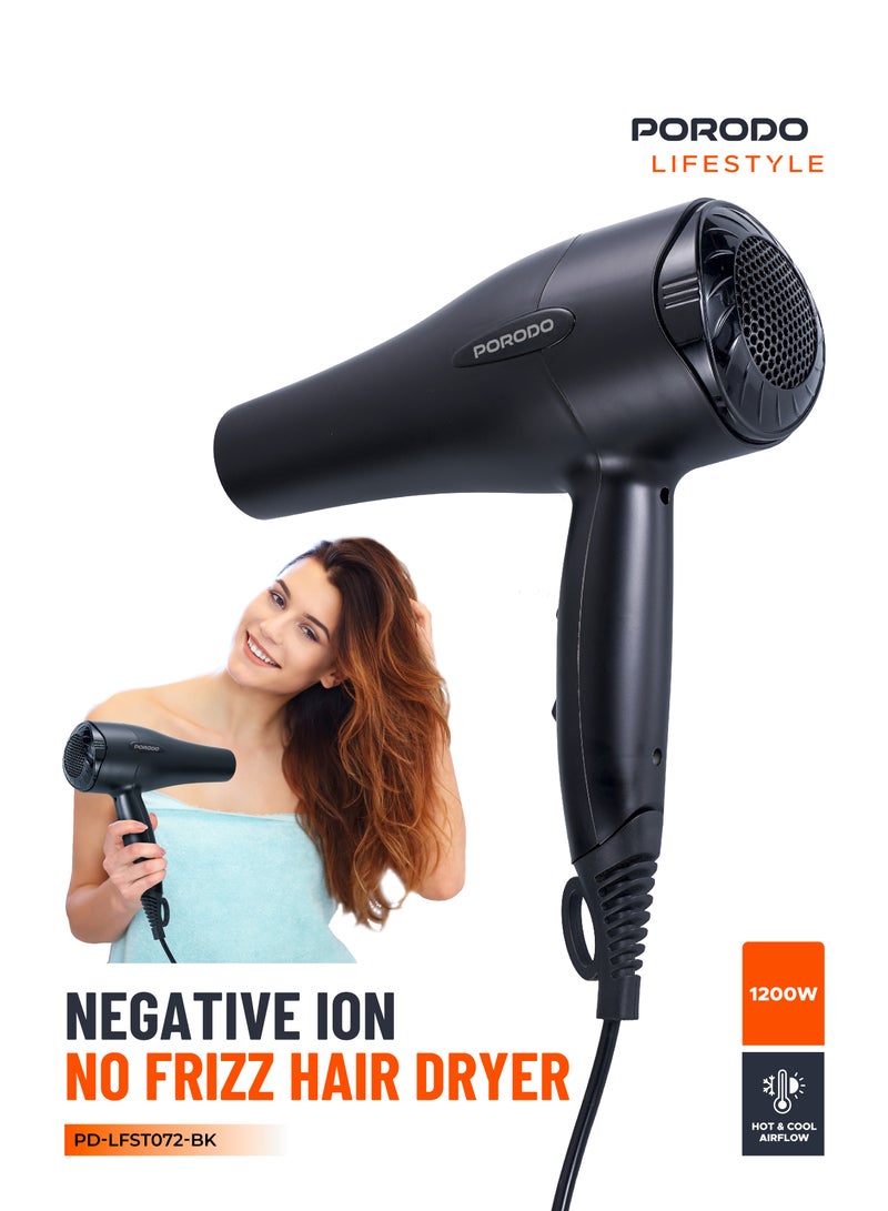 porodo 1200W Hair Dryer / Negative Ion / No Freeze Hair Dryer / Overheat Protection / Powerful Airflow /Hot & Cool/ Even Heat Distribution - Black - Image 1