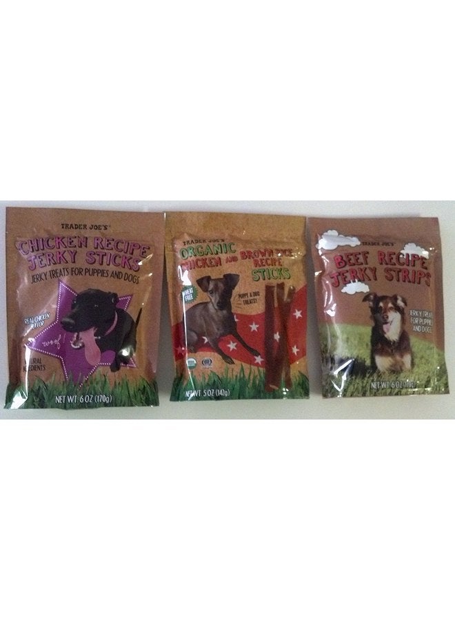 Trader Joe's Dog Treats - 3 Packages - (1 Chicken Jerky Strips, 1 Chicken and Brown Rice Sticks, 1 Beef Jerky Strips)