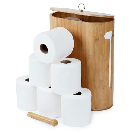 Gobam Bamboo Toilet Paper Storage with Dual-Use Lid, Freestanding Bathroom Tissue Organizer with Viewing Slot, Built-In Handle, Anti-Slip Base, Compact Toilet Paper Holder Stand for up to 6 Mega Rolls - Image 1