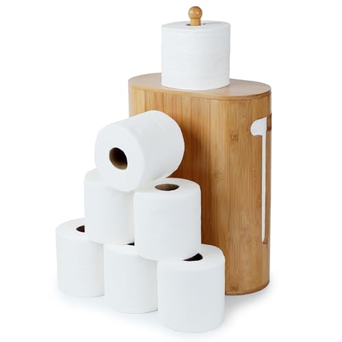 Gobam Bamboo Toilet Paper Storage with Dual-Use Lid, Freestanding Bathroom Tissue Organizer with Viewing Slot, Built-In Handle, Anti-Slip Base, Compact Toilet Paper Holder Stand for up to 6 Mega Rolls - Image 2