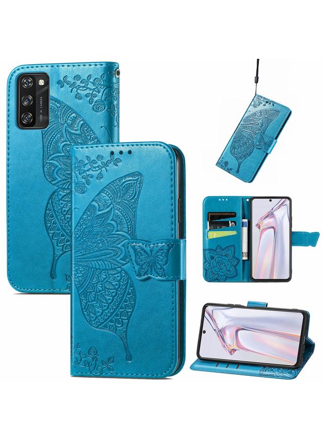 اس-توب جراب لهاتف Blackview A100، جراب جلدي أفقي منقوش عليه زهرة حب الفراشة مع حامل وفتحات للبطاقات ومحفظة وحبل تعليق - Image 1