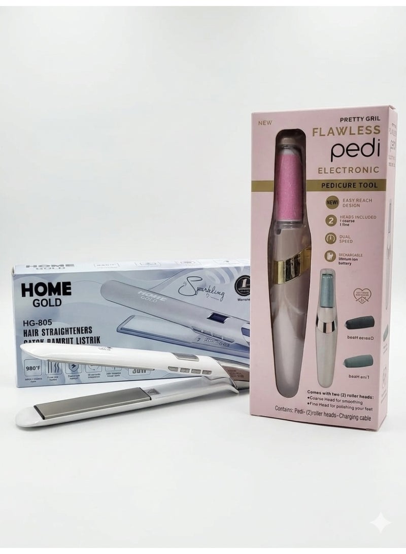 عرض العناية المتكامل: مكواة شعر هوم جولد سيراميك 980 فهرنهايت + جهاز باديكير بريتي جريل الإلكتروني - طقم التجميل المنزلي الاحترافي - Image 1