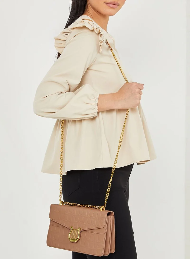 Styli Harp Buckle Detail Flap Textured Crossbody Bag