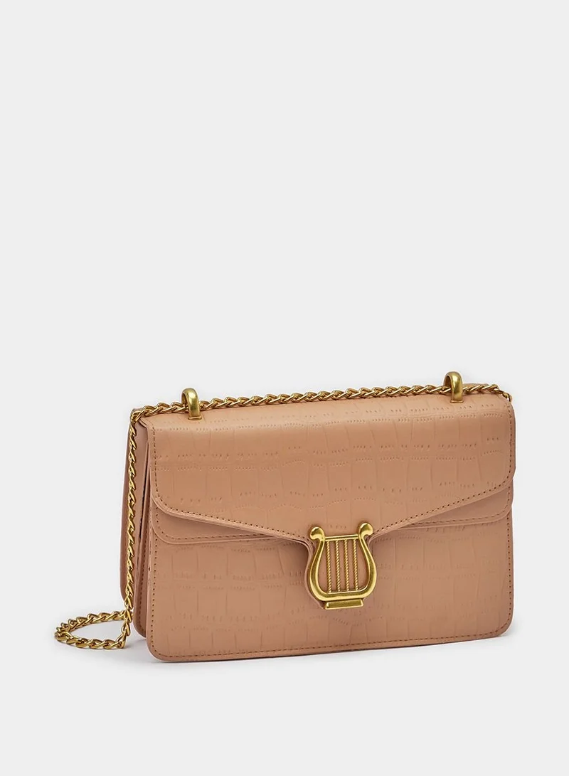 Styli Harp Buckle Detail Flap Textured Crossbody Bag