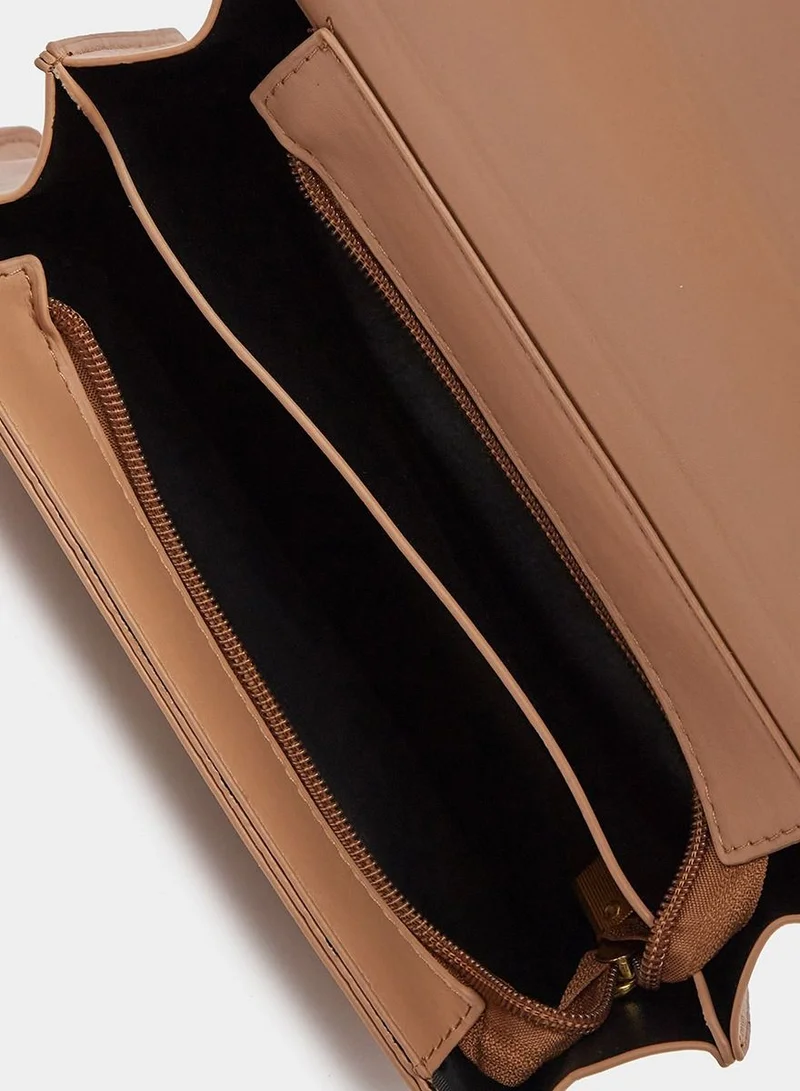 Styli Harp Buckle Detail Flap Textured Crossbody Bag