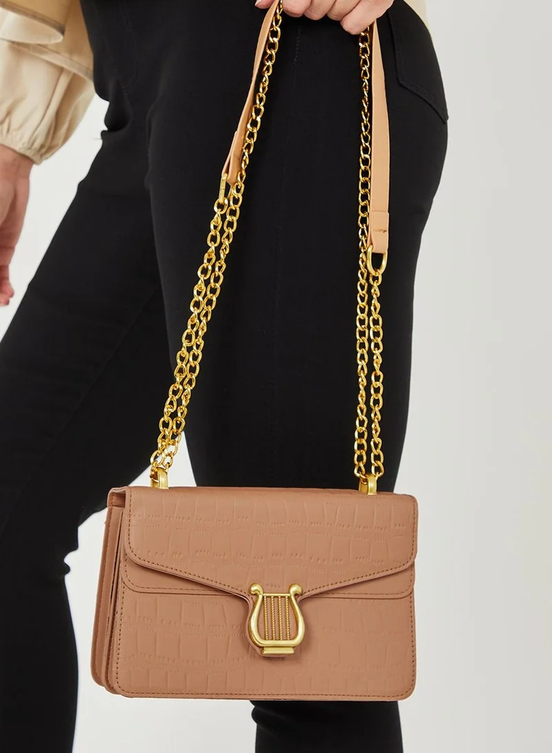 Styli Harp Buckle Detail Flap Textured Crossbody Bag