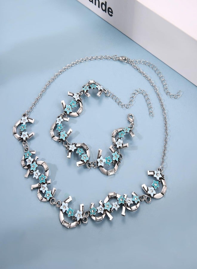 ARATLENCH Horseshoe Necklace Bracelet for Women Kentucky Derby Horse Racing Flower Horseshoe Necklace Bracelet Boho Western Country Jewelry Set (horseshoe necklace bracelet, 2) - Image 3