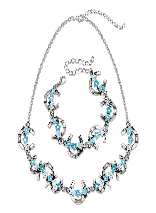 ARATLENCH Horseshoe Necklace Bracelet for Women Kentucky Derby Horse Racing Flower Horseshoe Necklace Bracelet Boho Western Country Jewelry Set (horseshoe necklace bracelet, 2) - Image 1