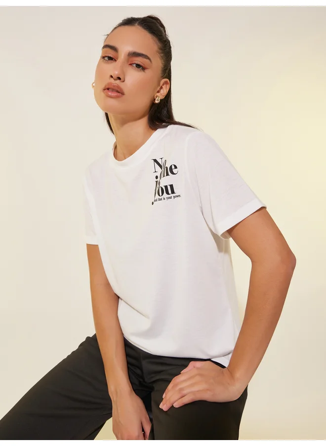 تايك تو Take Two Slogan Print Round Neck T-Shirt