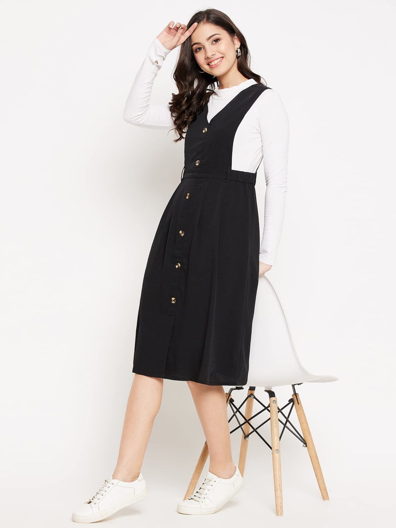 WineRed Women Black Soild Pinafore Dress with Button - Image 2