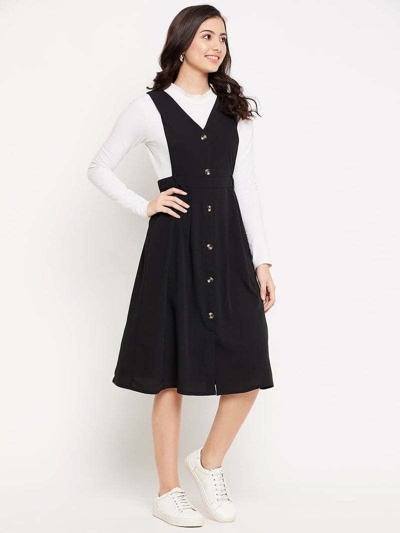WineRed Women Black Soild Pinafore Dress with Button - Image 5