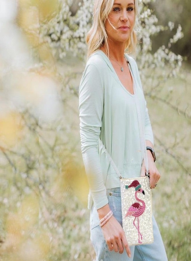 بامبو تردينج حقيبة هاتف كروسبودي مزينة بخرز على شكل فلامنجو سانتا، حقيبة يد احتفالية للعطلات باللون الأبيض الثلجي، هدية عيد الميلاد متعددة الألوان للنساء - Image 4