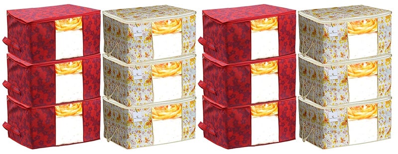 Kuber Industries Metalic Printed 12 Piece Non Woven Fabric Underbed Storage BagCloth OrganiserBlanket Cover with Transparent Window Ivory Red Red CTKTC41290 - Image 1