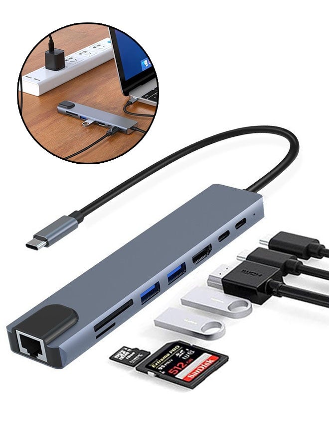8-in-1 Multiport Dock USB C Hub Adapter, Ethernet HDMI 4K Card Reader, PD Charging Port Compatible with MacBook Pro/Air and Type C Windows Laptop