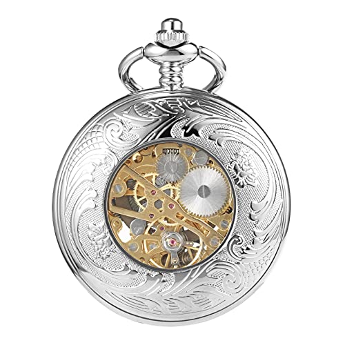 TREEWETO Men's Mechanical Roman Numerals Dial Sun and Moon Skeleton Silver Case Pocket Watches with Box and Chains for Mens Women - Image 4