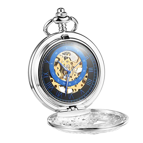 TREEWETO Men's Mechanical Roman Numerals Dial Sun and Moon Skeleton Silver Case Pocket Watches with Box and Chains for Mens Women - Image 2