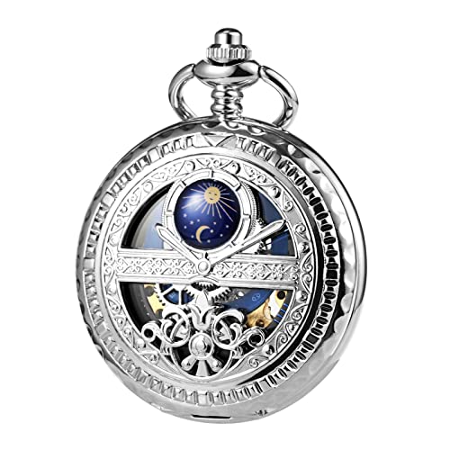 TREEWETO Men's Mechanical Roman Numerals Dial Sun and Moon Skeleton Silver Case Pocket Watches with Box and Chains for Mens Women - Image 1