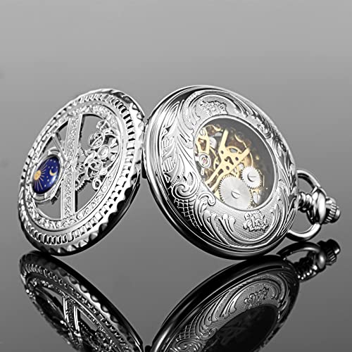 TREEWETO Men's Mechanical Roman Numerals Dial Sun and Moon Skeleton Silver Case Pocket Watches with Box and Chains for Mens Women - Image 5