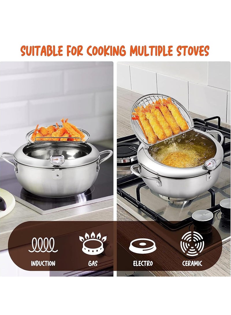 رات سو قدر للقلي عميق مصنوع من الفولاذ المقاوم للصدأ 304، مزود بميزان حرارة ورف لتصريف الزيت مع غطاء، مثالي لقلي أرجل الديك الرومي وأجنحة الدجاج والبطاطس المقلية - Image 4